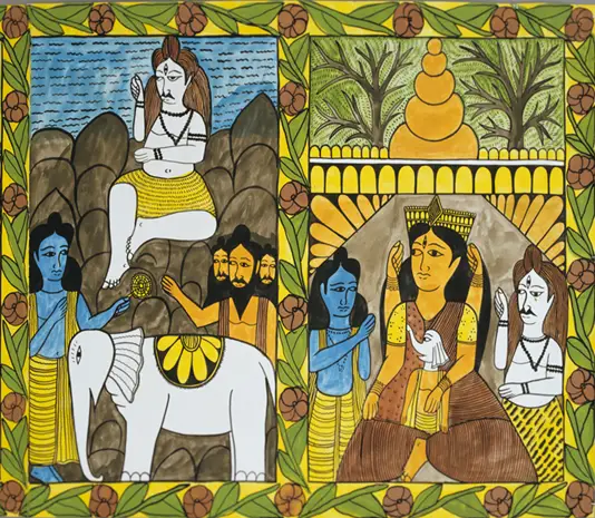 Folk painting with floral border showing two scenes: a deity seated on rocks above a white elephant, and a crowned figure flanked by attendants